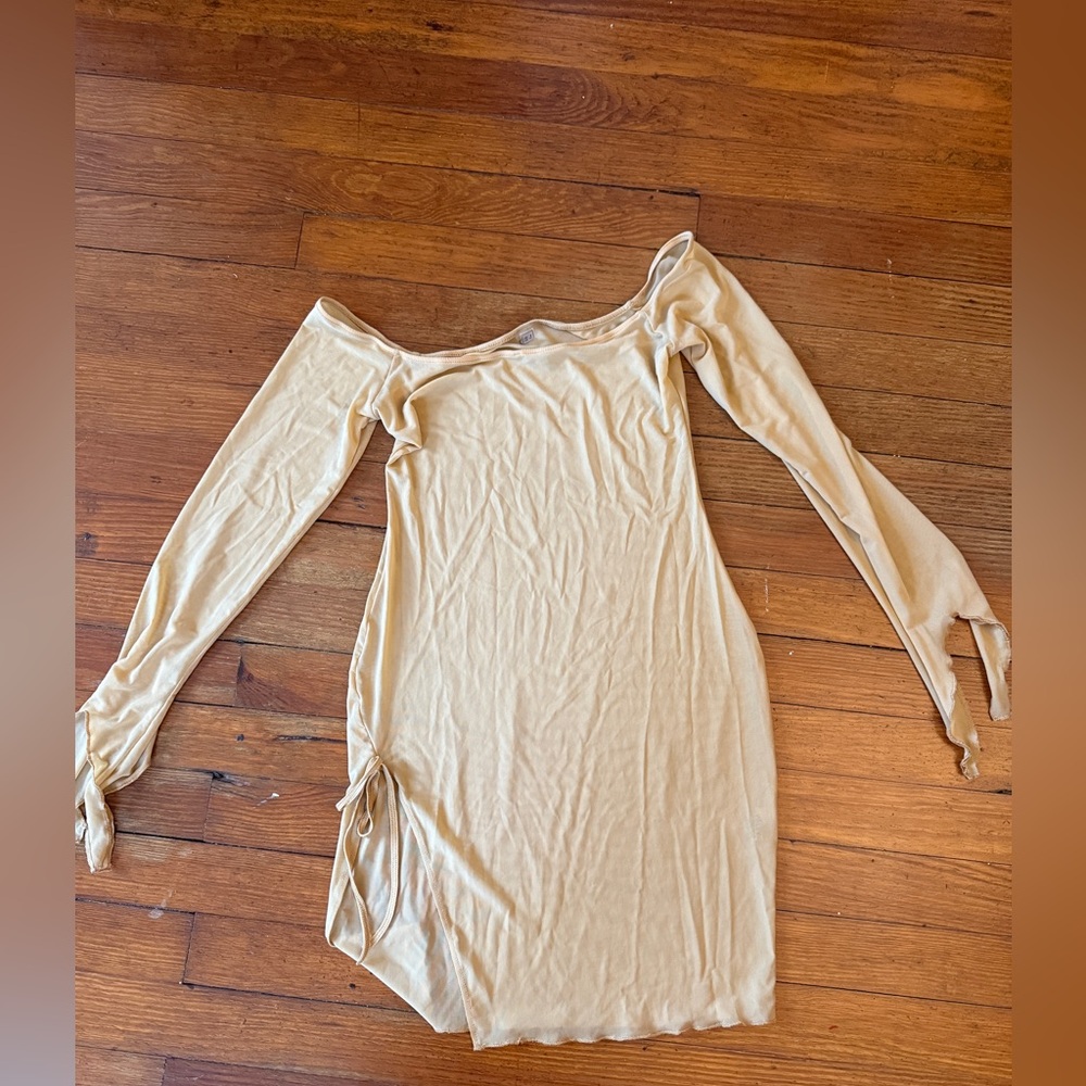 Oh Polly Off the Shoulder Sheer Golden Swim Coverup / Beachwear Dress